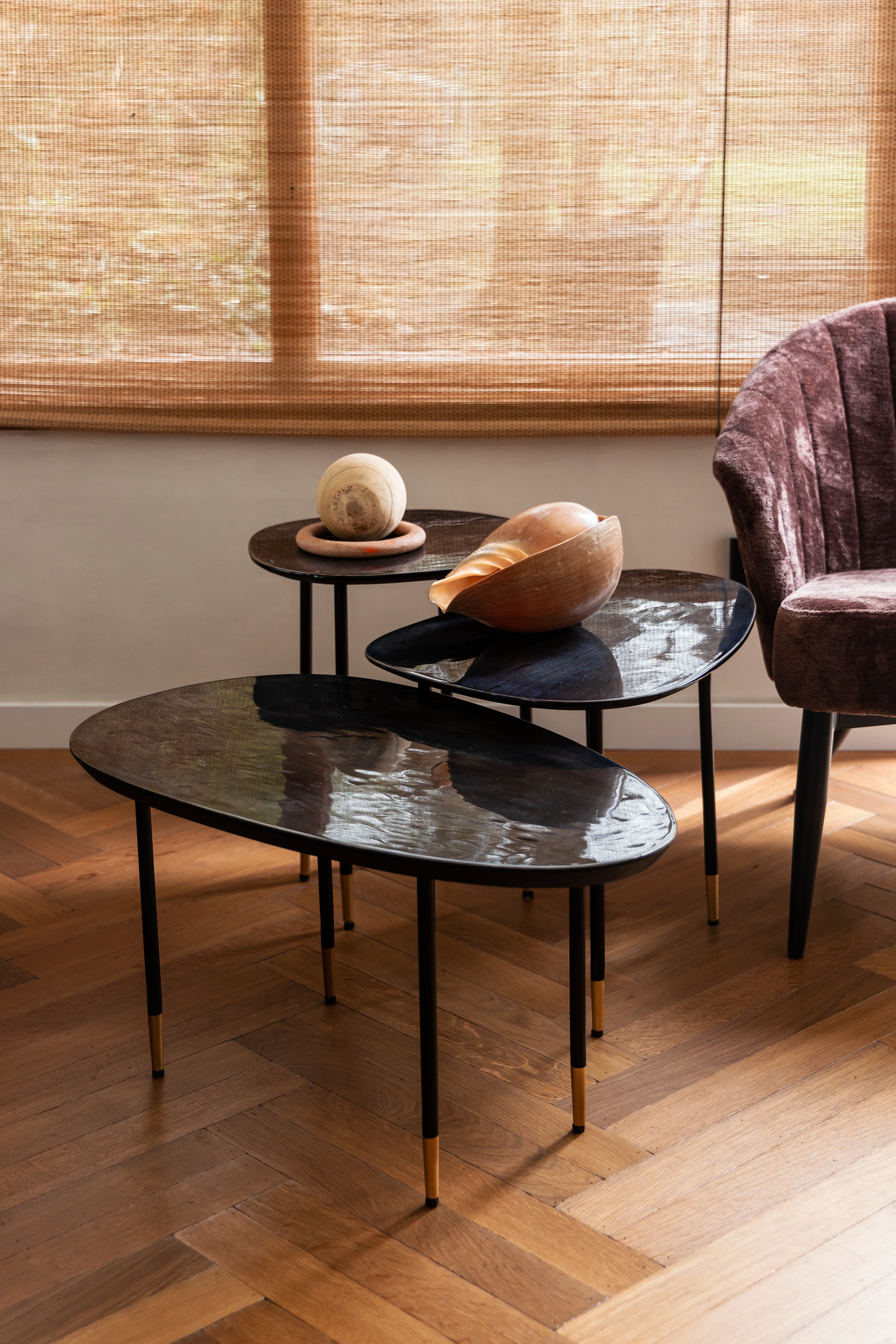 Dutchbone Set of 3 Phyllis Gloss Black Mango Wood Side Tables Nest